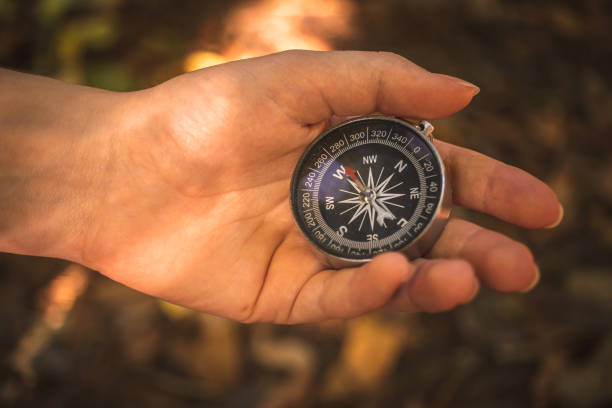 istock Hand with the compass in forest, outdoor navigation concept background photo 1341128452