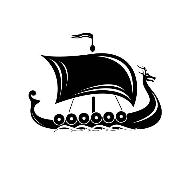 ilustraciones, imágenes clip art, dibujos animados e iconos de stock de ilustración vectorial del logotipo de los vikingos de drakkar. buque de guerra de transporte vikingo. plantilla de diseño. aislado sobre fondo blanco. northerners barco barco escandinavia icono del logotipo negro - drakkar