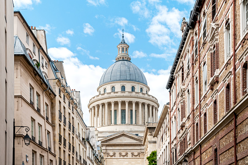 View on Pantheon between the buildings. Paris in France. June 18, 2021.
