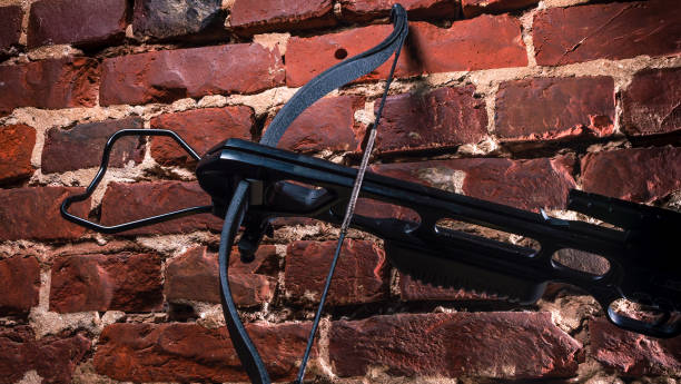 istock A modern compound crossbow handgun on the red brick wall background. Old weapon concept. 1341134498