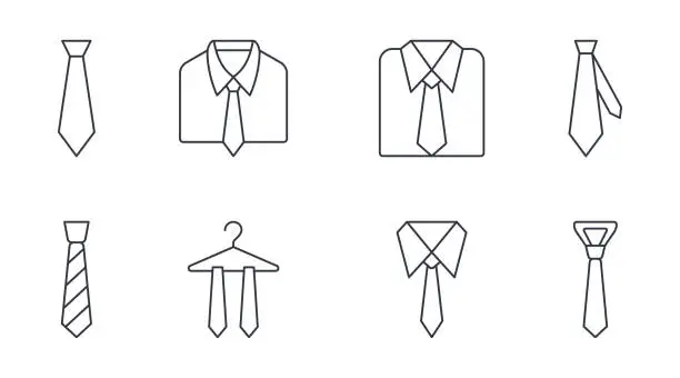 Vector illustration of Vector tie icons set. Editable stroke. Business style, dress code thin line icon. Elegant suit for work party mens accessory. Sewing and repair of clothes