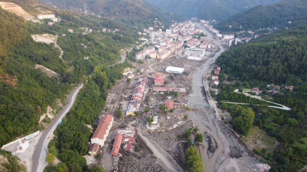 Aerial drone footage of the Bozkurt city flood disaster, Turkey stock photo