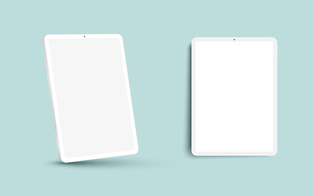 White 3D realistic tablet PC mockup frame with different angles blank screen. ipad stock illustrations