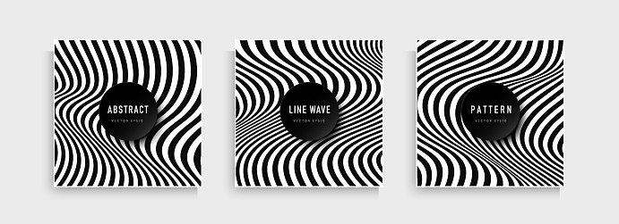 Set of abstract flowing stripes lines black and white contrast background with copy space. Optical art wavy stripes pattern collection design. Modern and minimal banner. Vector illustration