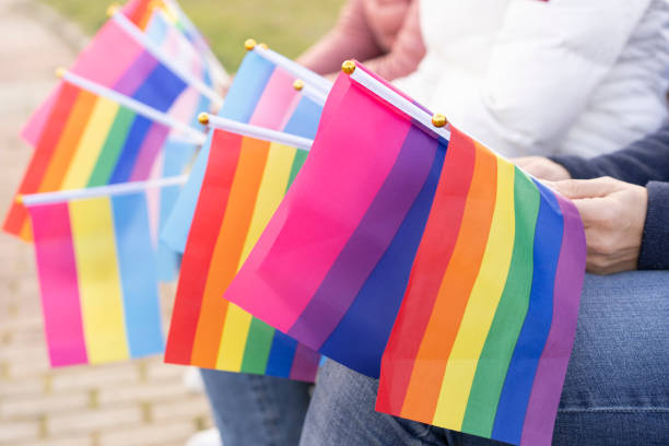istock Multiple LGBTQ flags hold by people no a protest 1341145237