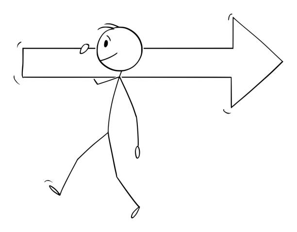 идущий человек, несущий большую стрелу, векторная мультяшная палочка фигура иллюстрация - назад stock illustrations