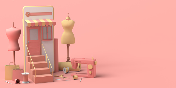 ine fashion store concept with smartphone. Copy space. 3D illustration.