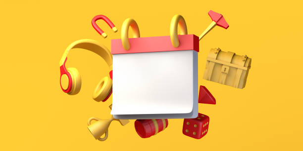 istock Gaming calendar mockup with gamer accessories. Copy space.  3D illustration. 1341145646
