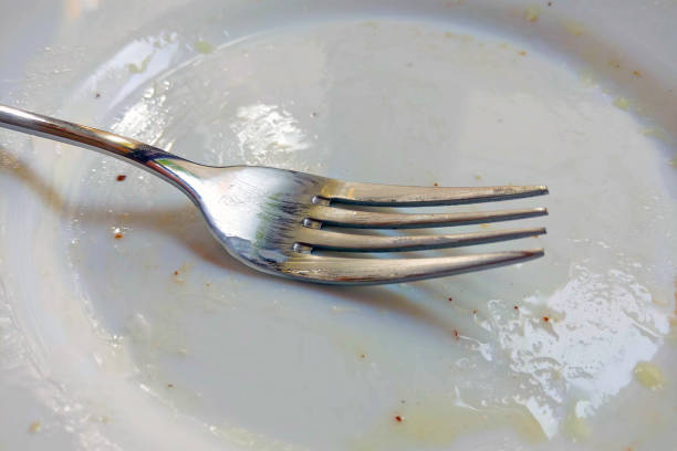 istock There is a fork on the dirty white plate after eating. 1341145672