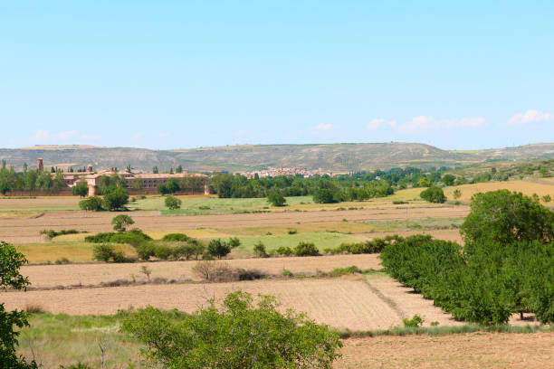 An illustration of the Monastery of Veruela and the village of Vera de Moncayo in the background in the province of Zaragoza, Spain.