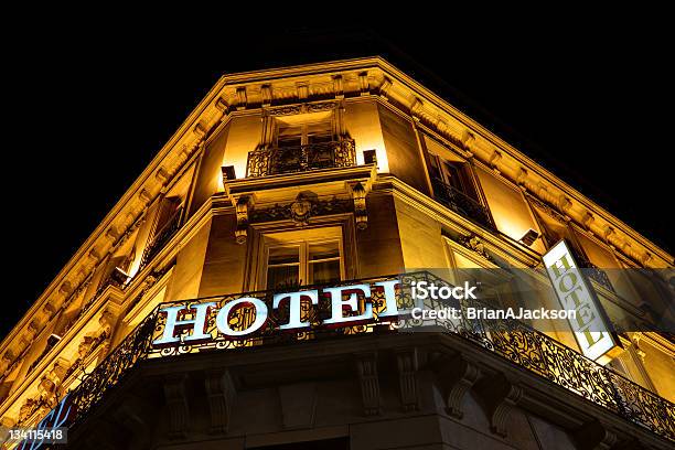 View Of Nice Hotel Lit Up At Night Stock Photo - Download Image Now - Hotel, Facade, Night