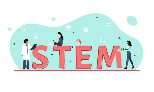 Girls in STEM Vector illustration showing girls or women in STEM (Science, Technology, Engineering, Mathematics against a green background with symbols including equal sign, cog, cloud, graph, stars and a beaker. stem education stock illustrations