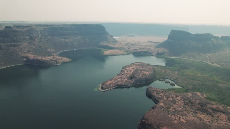 Amazing Aerial Reveal of Desert Canyon Lake at Dry Falls in Eastern Washington