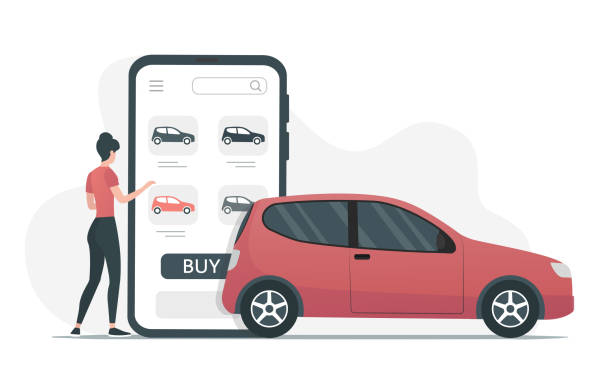 car Buying renting a car online. Colored flat vector illustration. Isolated on white background. cartoon of a searching stock illustrations