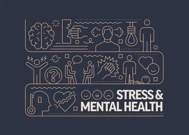 Vector illustration of Stress, Depression, Mental Health. Related Vector Banner Design Concept, Modern Line Style with Icons