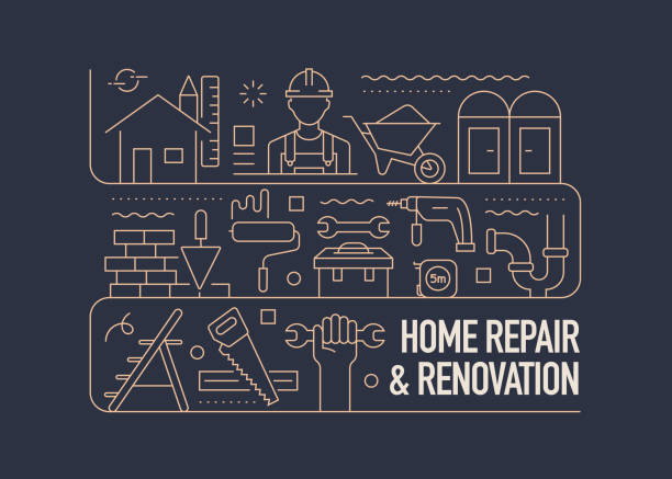 home renovation related vector banner design concept, modern line style with icons - 重建 幅插畫檔、美工圖案、卡通及圖標