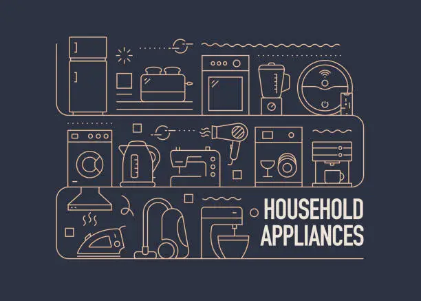 Vector illustration of Household Appliances Related Vector Banner Design Concept, Modern Line Style with Icons