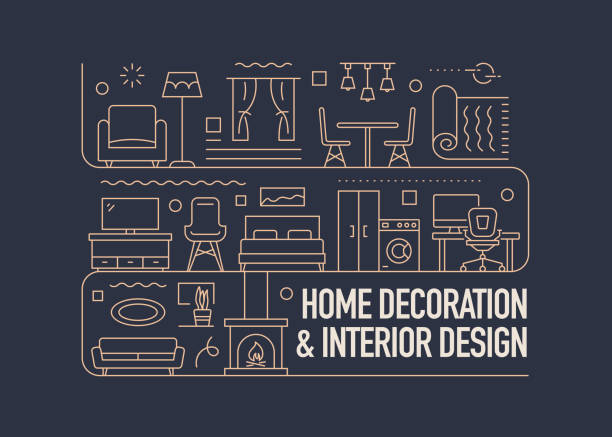 home decoration und interior design related vector banner design konzept, moderner linienstil mit symbolen - teppichboden couch stock-grafiken, -clipart, -cartoons und -symbole