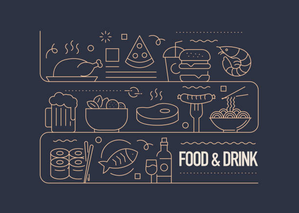 식음료 관련 벡터 배너 디자인 컨셉, 아이콘이 있는 모던 라인 스타일 - 바비큐 소스 일러스트 stock illustrations