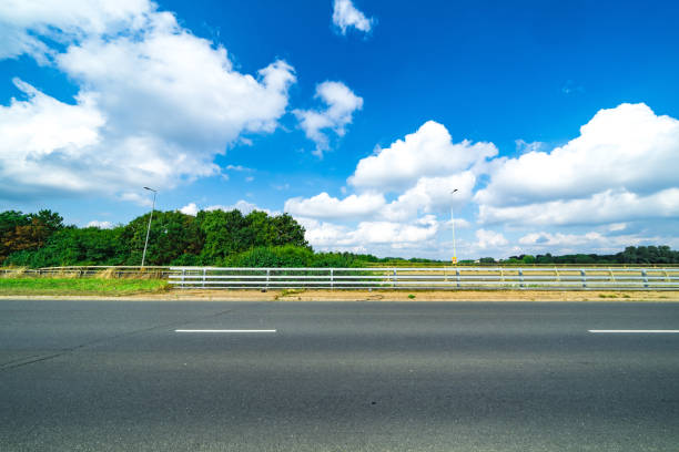 Asphalt road and green forest under the blue sky