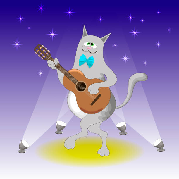 istock Cartoon gray cat playing guitar in spotlights 1341163142