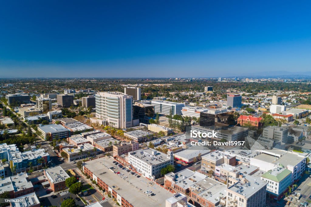 Santa Ana Aerial Skyline View Aerial view of Downtown Santa Ana in Orange County, California, with the Ronald Reagan Federal Building and United States Courthouse in the center left. Santa Ana - California Stock Photo