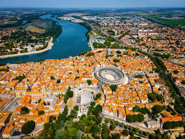 The aerail view of Arles, a city on the Rhône River in the Provence region of southern France