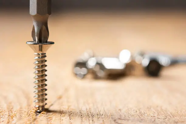 Photo of Screws screwed into wooden plank stock photo. Screws close up on wooden table.