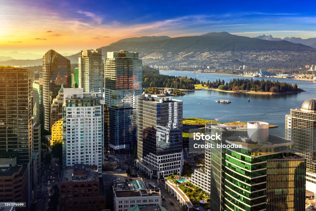 Aerial view of  Vancouver business district Panoramic aerial view of  Vancouver business district at sunset, Canada Vancouver - Canada Stock Photo