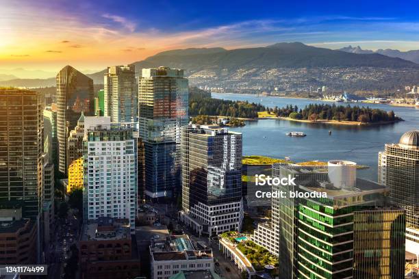Aerial View Of Vancouver Business District Stock Photo - Download Image Now - Vancouver - Canada, City, Urban Skyline