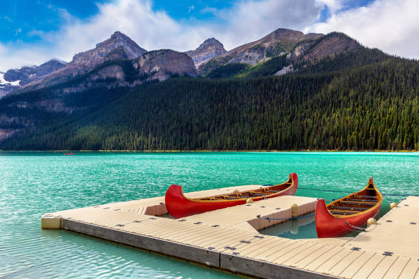 canoe sul lago louise, banff - lake louise national park landscape forest foto e immagini stock