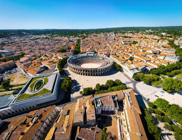 The view of Nîmes, an old Roman city in the Occitanie region of France stock photo