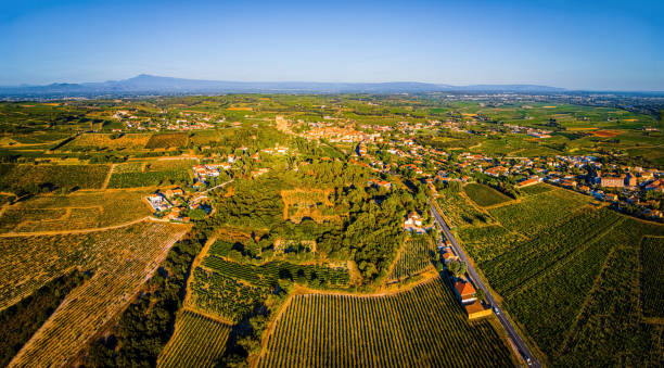The aerial view of Châteauneuf-du-Pape, a commune in the Vaucluse department in the Provence-Alpes-Côte d'Azur region in France stock photo
