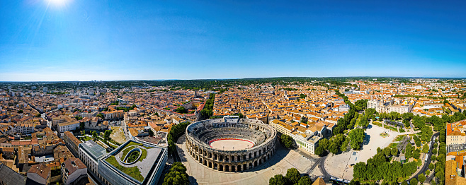 The view of Nîmes, an old Roman city in the Occitanie region of southern France