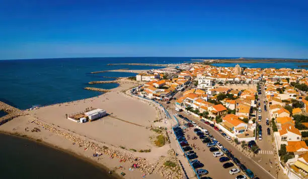 The aerial view of Saintes-Maries-de-la-Mer,  the capital of the Camargue in the south of France