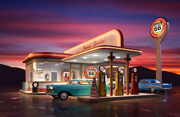 Retro Gas Station Retro American gas station at dusk vintage gas pumps stock pictures, royalty-free photos & images