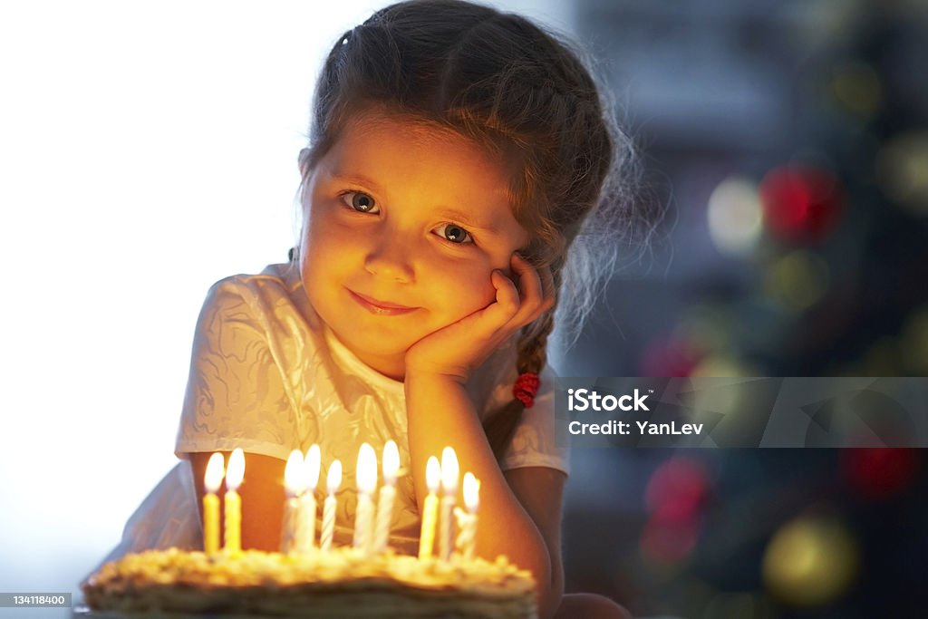 happy birthday Portrait of little pretty girl with birthday cake Child Stock Photo