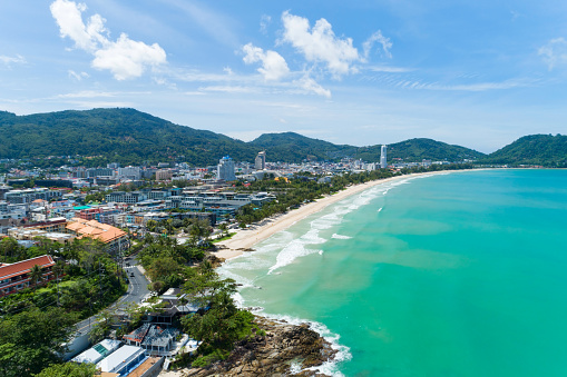 Patong beach Phuket Thailand in September 16- 2021 Amazing beach beautiful sea in andaman sea Aerial view Drone camera High angle view.
