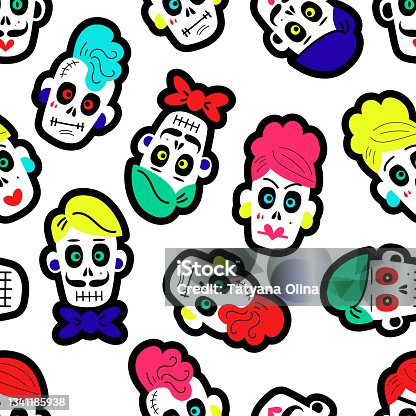 istock Seamless pattern with colorful funny skulls. Pattern with sugar skulls. 1341185938