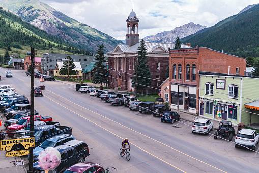 Silverton, Colorado - August 3, 2021: Overhead aerial view of downtown main street of the businesses, restaurants and shops