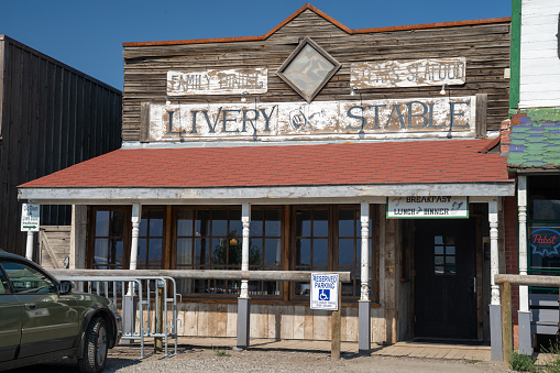 Emigrant, Montana - August 24, 2021: The Livery Stable and Old Saloon, a famous and iconic bar and restaurant in the Paradise Valley area
