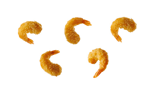 Collection of prawn tempura deep fried battered shrimpisolated on white background