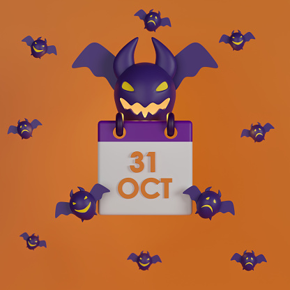 3d rendering Halloween day calendar with flying bats on orange background.