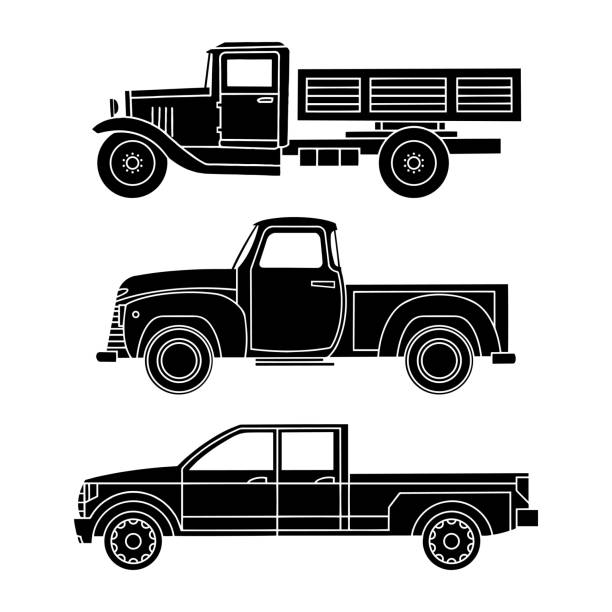 검은 빈티지 자동차의 실루엣. 트럭과 suv. 벡터 일러스트레이션 - off road vehicle car isolated white background stock illustrations