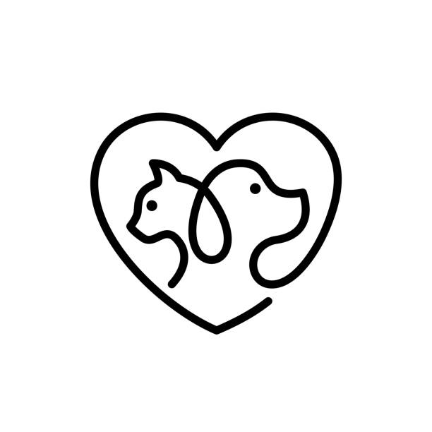 ilustraciones, imágenes clip art, dibujos animados e iconos de stock de plantilla de diseño de logotipo de tienda de mascotas o clínica veterinaria. perro abstracto, gato y corazón en estilo de una sola línea. - clínica veterinaria