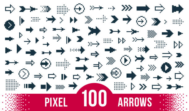 ilustrações de stock, clip art, desenhos animados e ícones de 8 bit pixel arrows vector big set of icons, collection of arrow direction cursors in old pc or gaming console style, single color symbols for logos. - artesanato