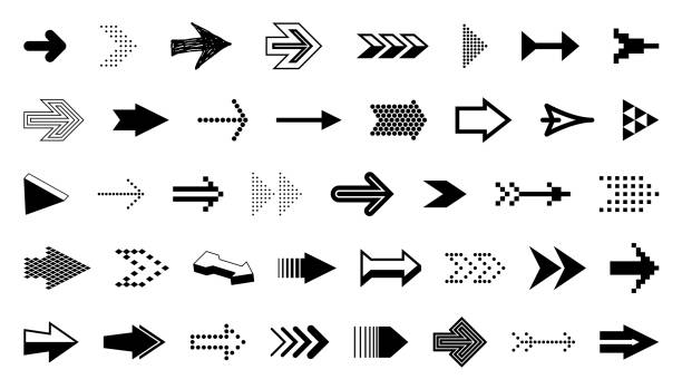 pfeilsymbole großer satz verschiedener formen stile und konzepte, cursor für symbole oder logo-erstellung, einfarbige monochrome logos. - pixelated cursor computer mouse backgrounds stock-grafiken, -clipart, -cartoons und -symbole