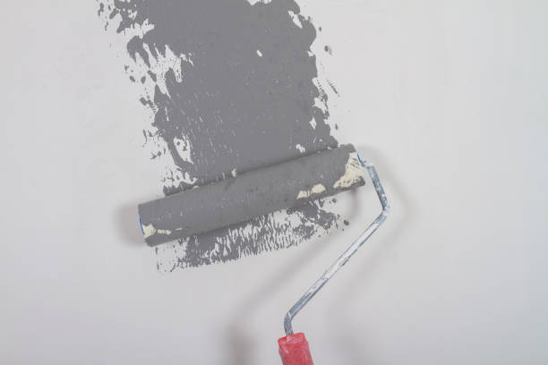 istock Paint a white wall in gray with paint using a paint roller during repairs in the house 1341214256