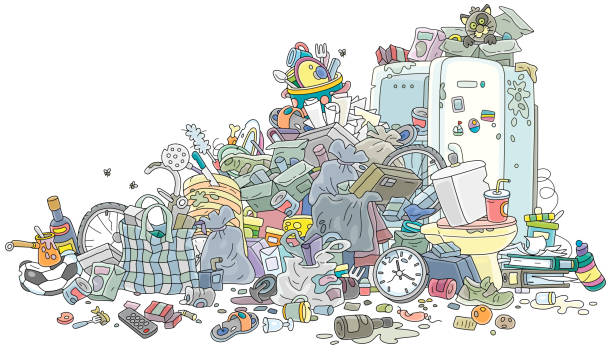 Big dump of garbage and waste Messy pile of household rubbish and leftovers, vector cartoon illustration isolated on a white background overflowing trash dumpster stock illustrations