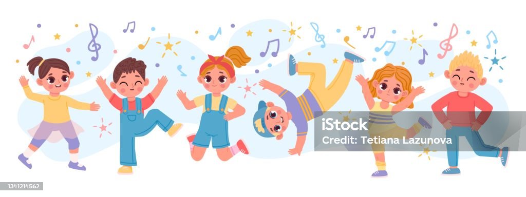 Ilustración de Feliz Grupo De Niños De Dibujos Animados Bailando Y Saltando Juntos Divertidos Amigos Niños Activos Juegan Personajes De Jardín De Infantes En El Banner Vectorial De La Fiesta De Baile Ilustración de Feliz Grupo De Niños De Dibujos Animados Bailando Y Saltando Juntos Divertidos Amigos Niños Activos Juegan Personajes De Jardín De Infantes En El Banner Vectorial De La Fiesta De Baile